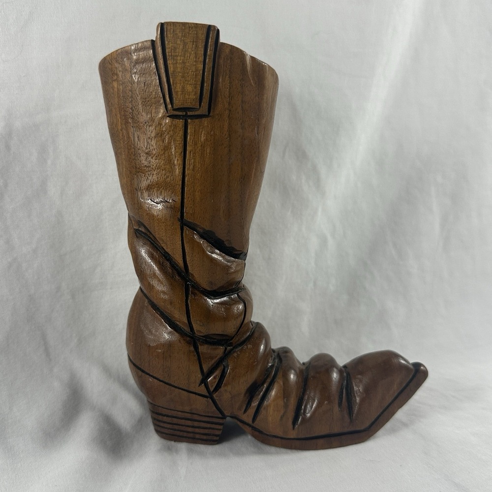 Vintage 1985 Hand Carved Solid Walnut‎ Cowboy Boot Vase Planter 7" Sign Folk Art